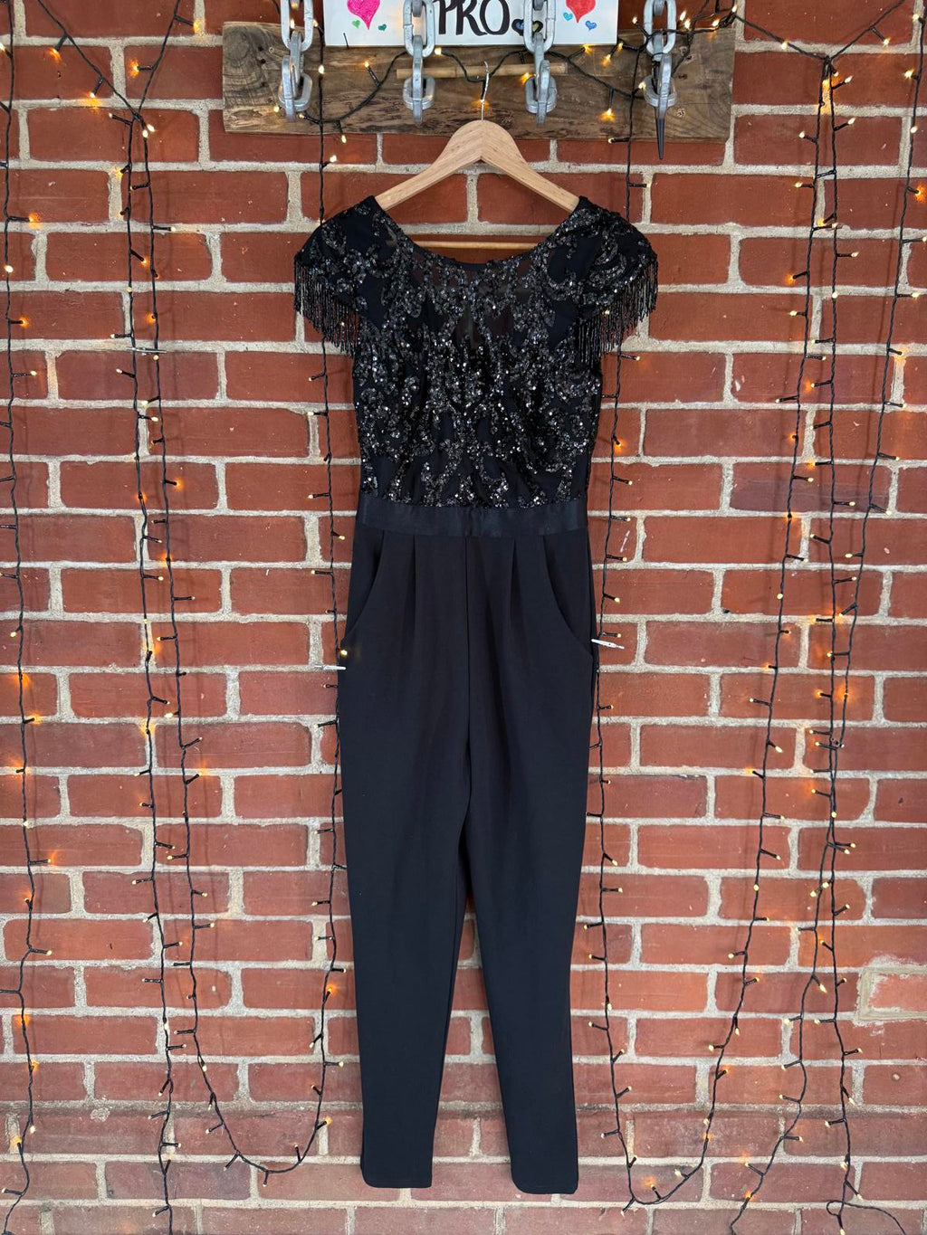 Black Sequin Embellished Fringe Sleeve Jumpsuit UK 10 Party Evening Outfit