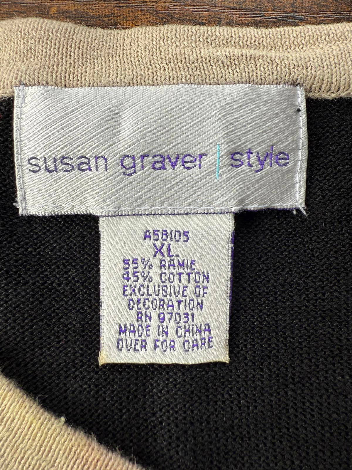 Vintage Y2K Susan Graver XL Cardigan Top Black Palm Tree UK16-18              NUM43