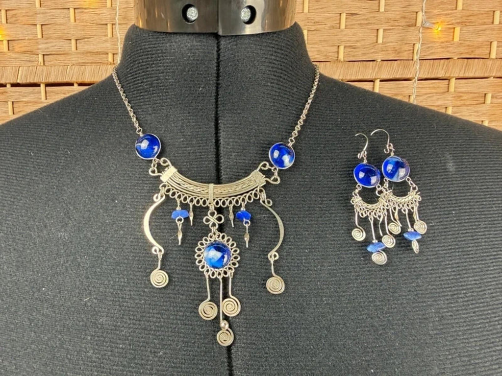 Handmade Blue Statement Necklace & Earrings Set Boho Festival