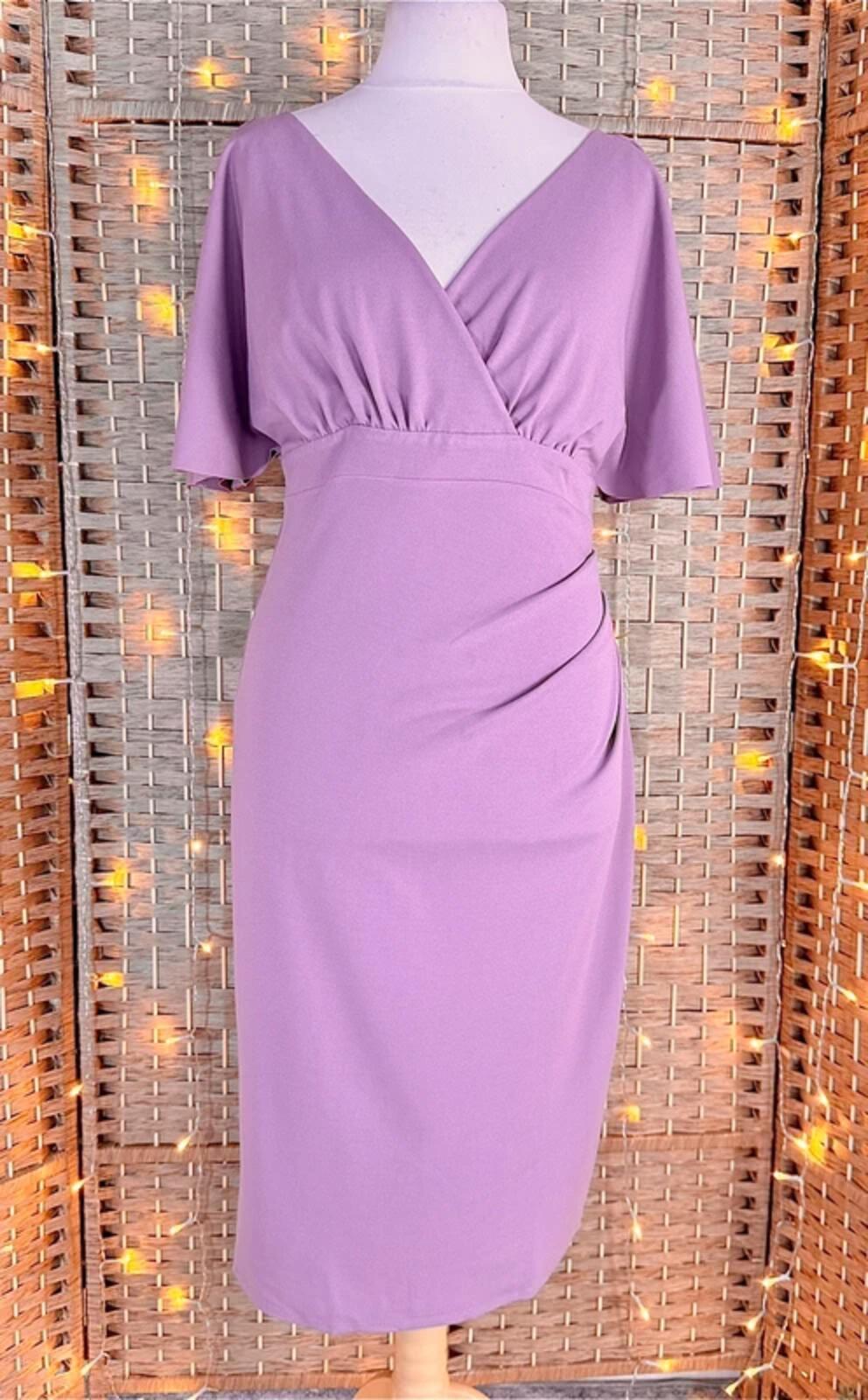 Goddiva Dusky Pink Lavender Midi Dress UK 14 Wrap Occasion BNWT