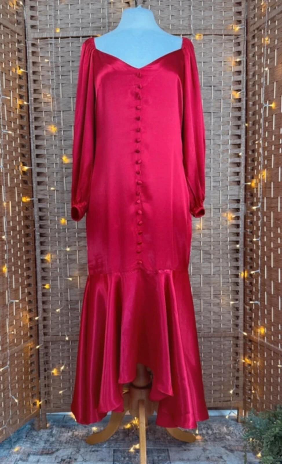 Goddiva Red Satin Midi Dress UK 8 Button Front Long Sleeve Occasion