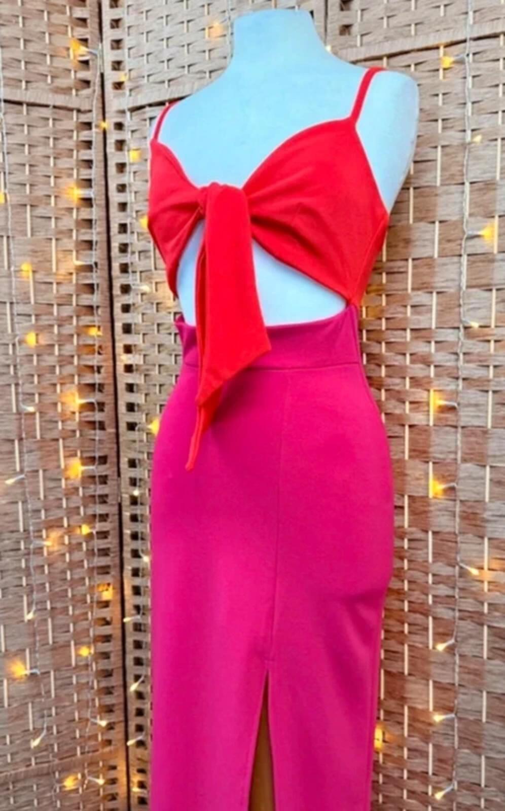 Goddiva Cerise Pink Orange Bow Cut Out Maxi Gown BNWT UK 8