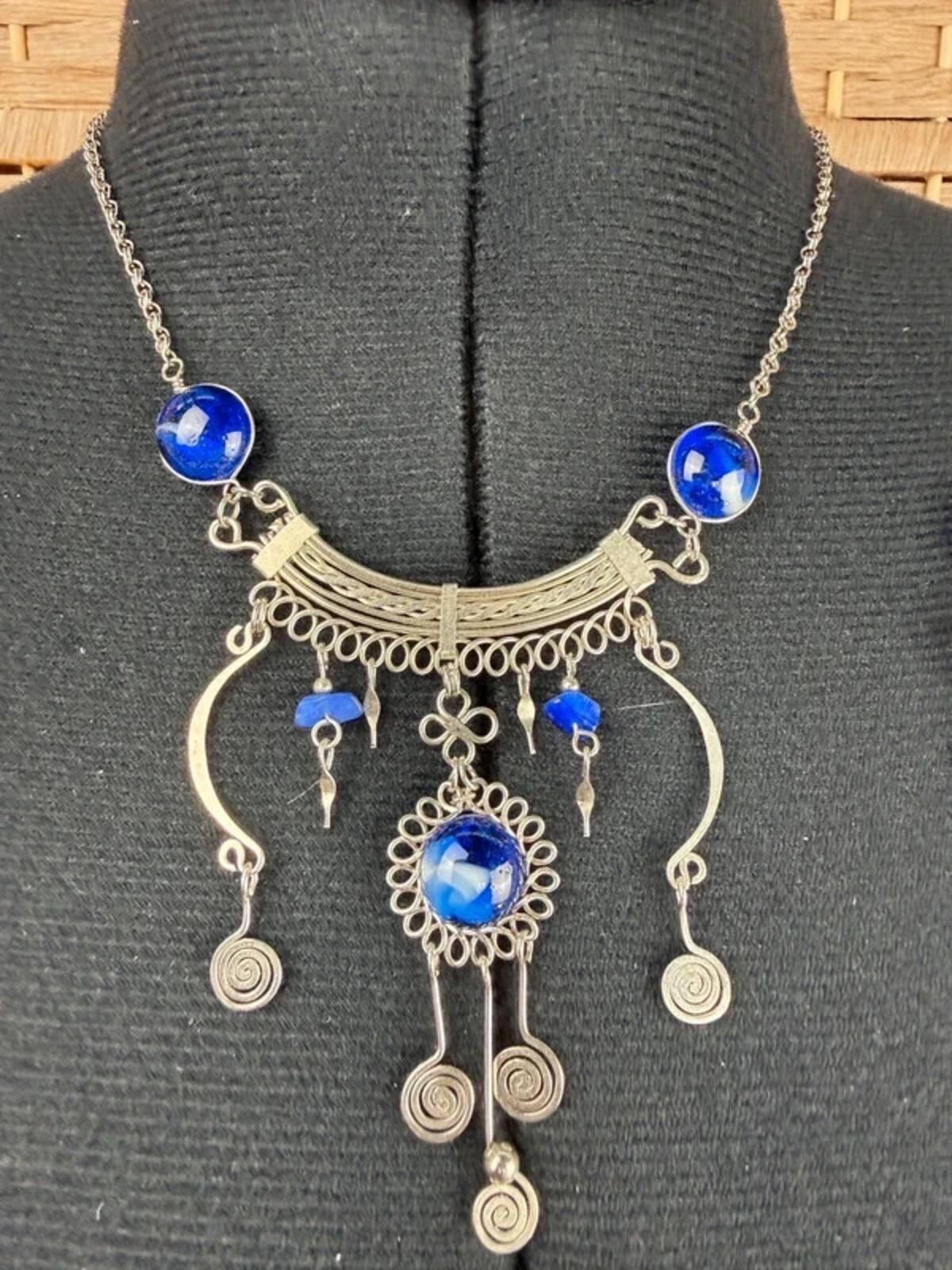Handmade Blue Statement Necklace & Earrings Set Boho Festival