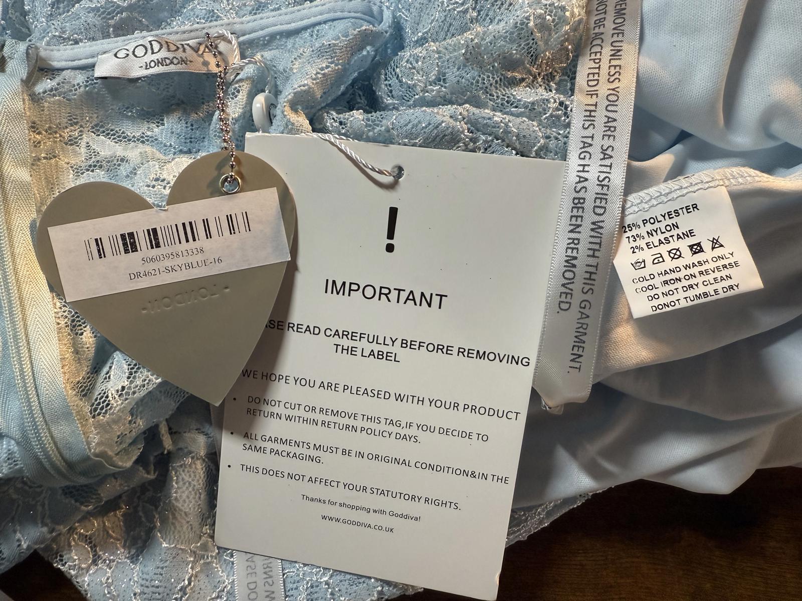 Goddiva Sky Blue Lace Maxi Dress UK 16 / US 12 – Flare Sleeves & V-Neck     .263