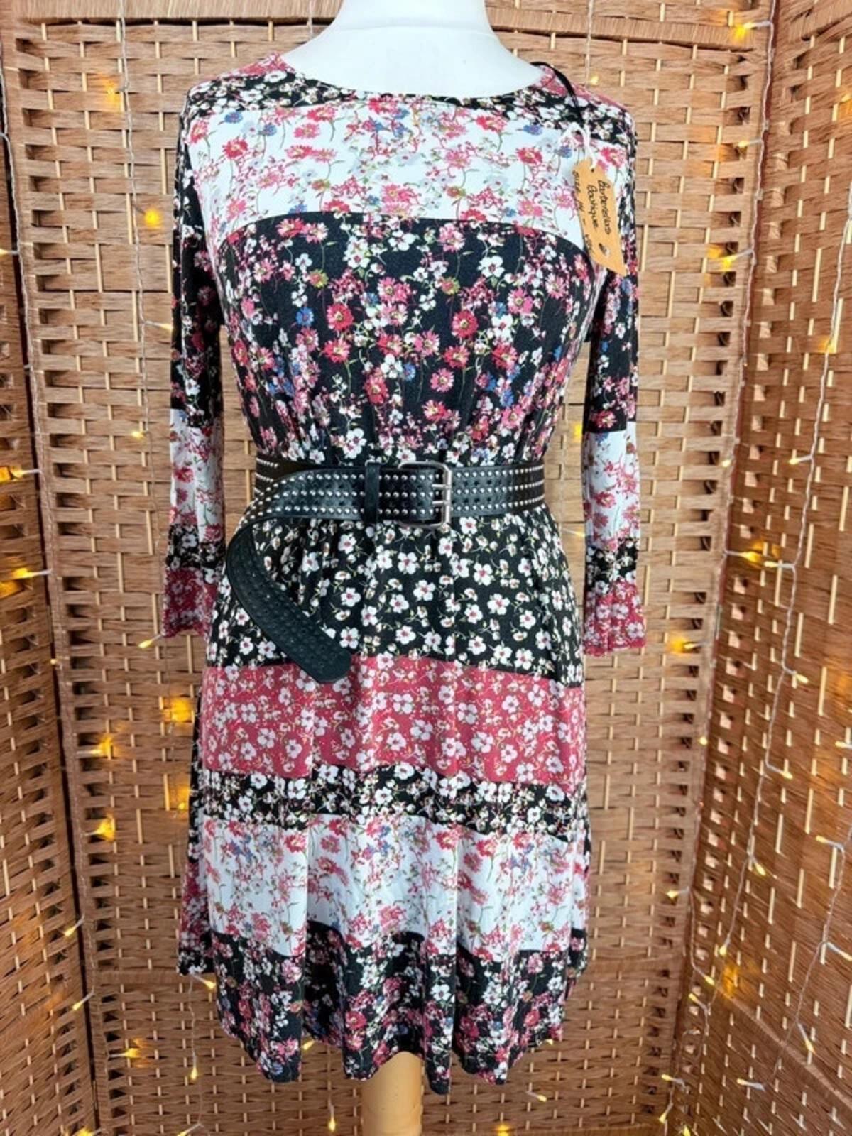 Boho Floral Patchwork Mini Dress UK 14 Cottagecore Belted