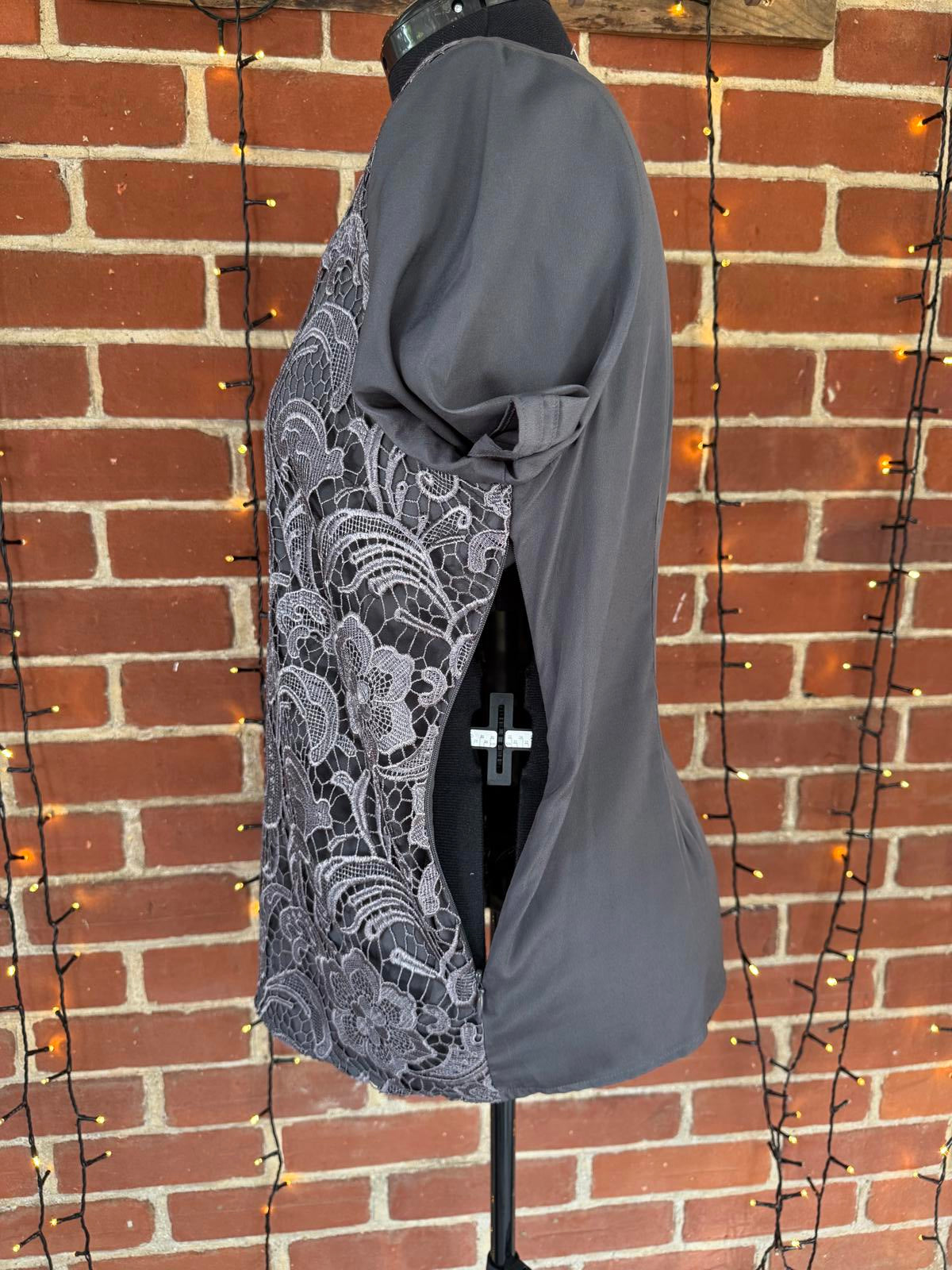 Gray Short Sleeve Women's Top with Floral Lace Front - Size 18