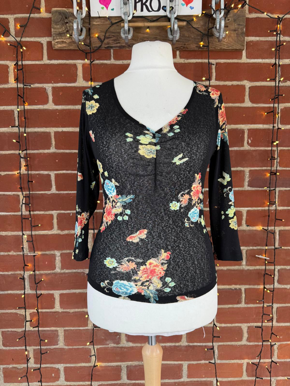 Wallis Floral Top Black Vintage UK 14 / US 10 – Stretch Jersey - Circa 1990s