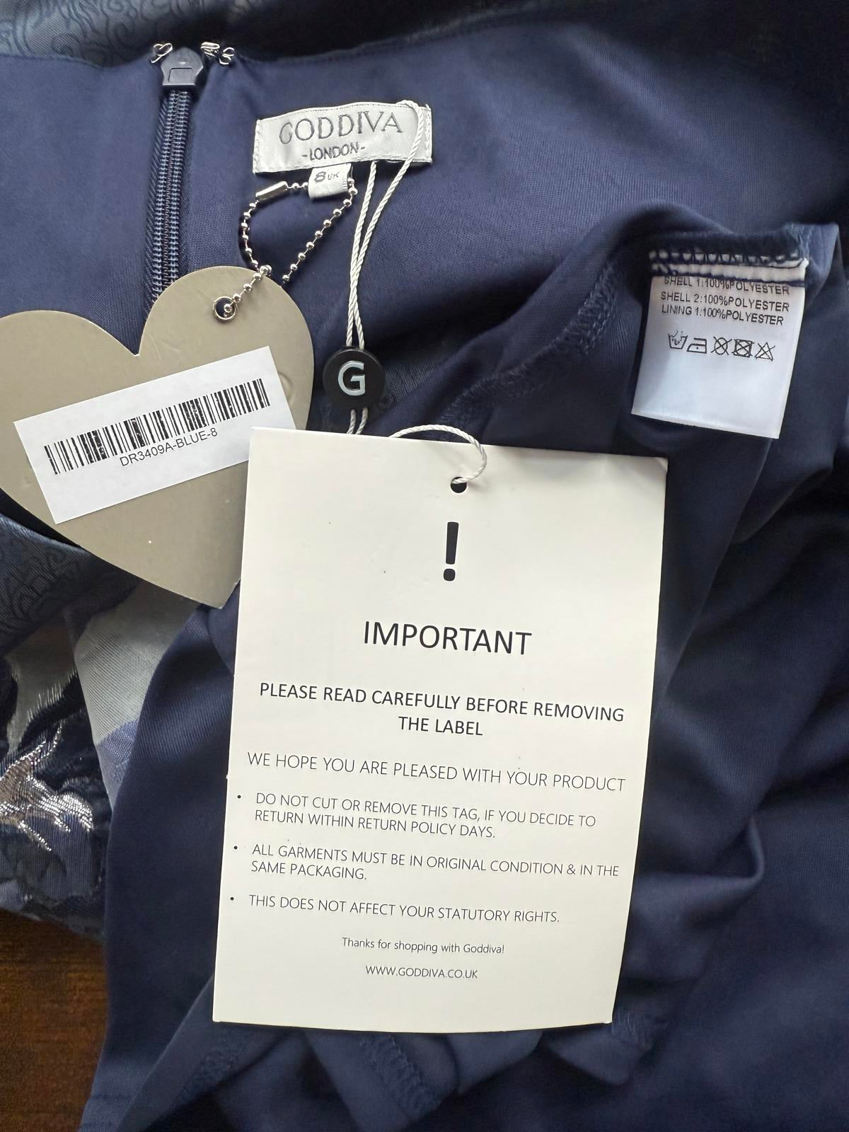 Goddiva London DR3409A Blue Floral Jacquard Prom Dress Size 8-10