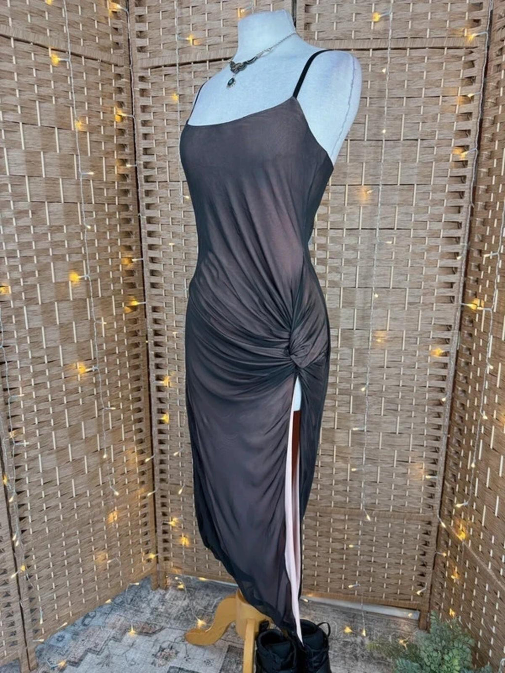 Chic Black Ruched Midi Dress with Side Slit size 10