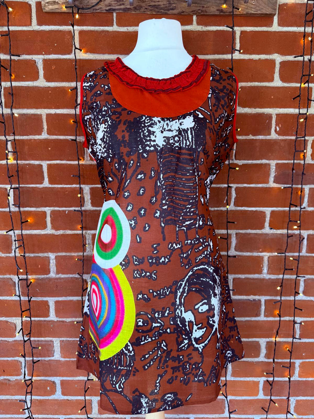 🍫 Abstract Print Cotton Tunic Dress – Size 10-14 – Brown/Multicolour