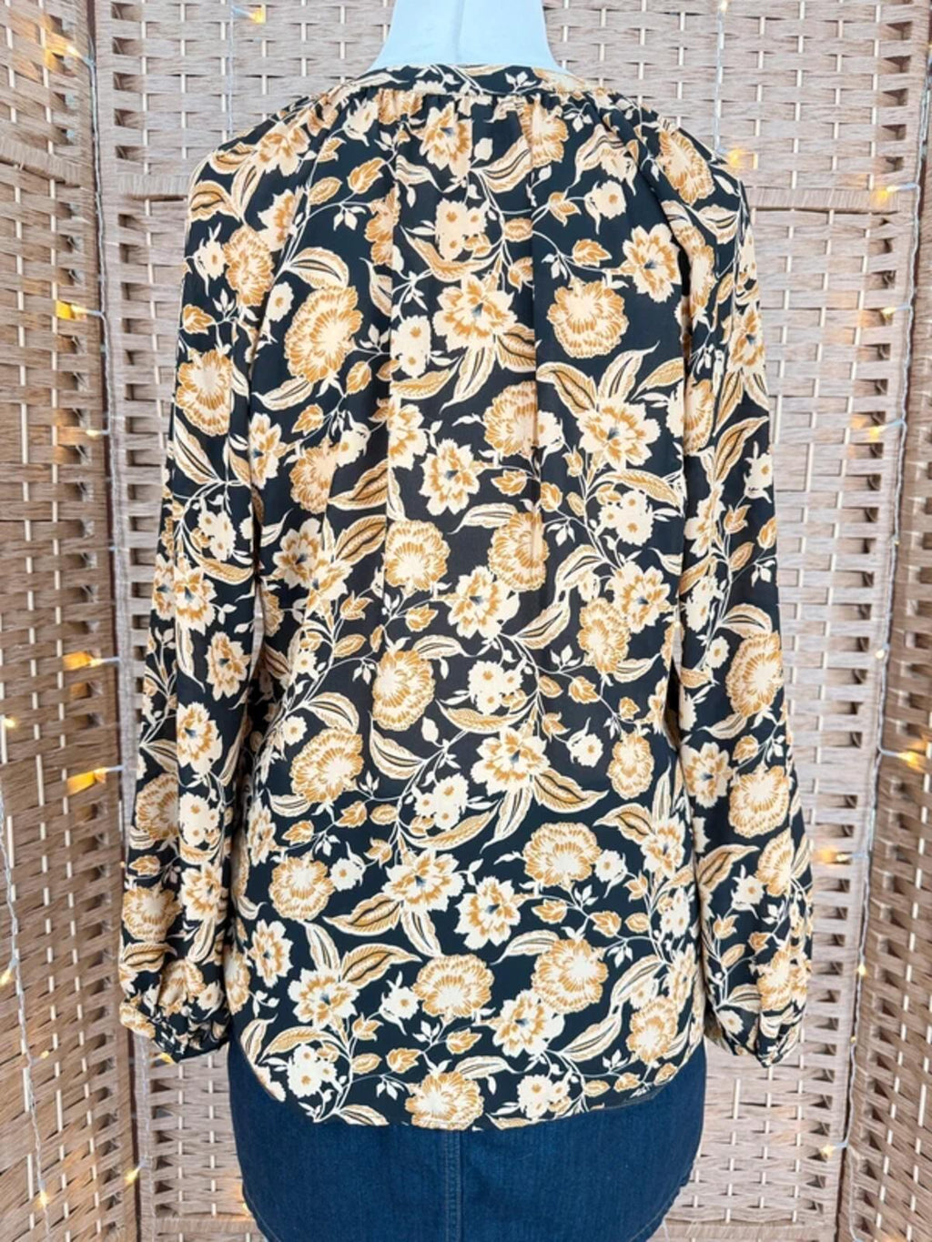 Peacocks Boho Floral Blouse UK 14 Black Tan Tie Neck Top