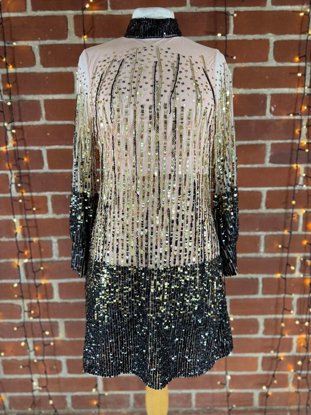 Women’s Sequin Mini Dress Gold Black Ombre Open Back UK 8–10  #48