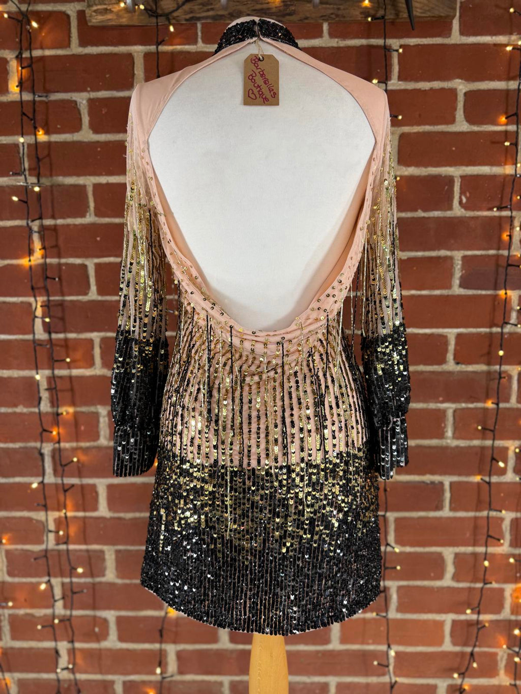 Women’s Sequin Mini Dress Gold Black Ombre Open Back UK 8–10  #48