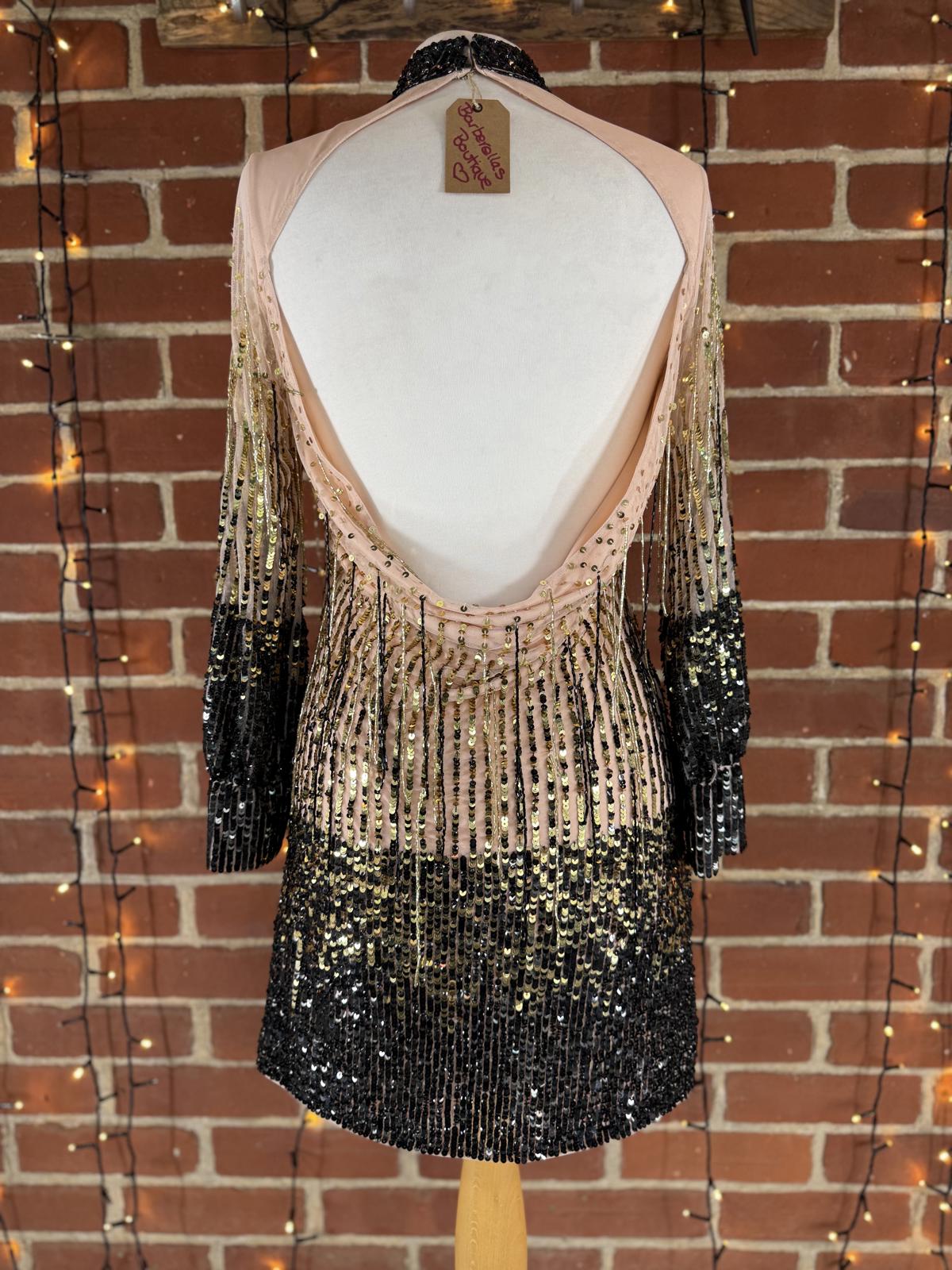 Women’s Sequin Mini Dress Gold Black Ombre Open Back UK 8–10  #48