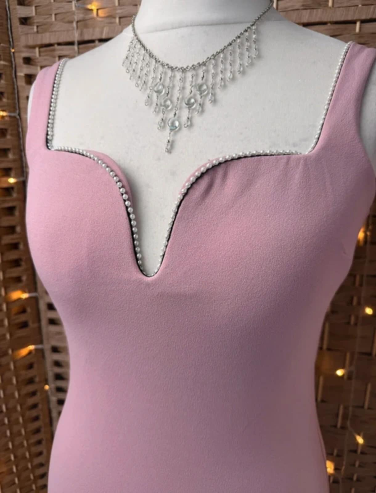 Quiz Dusky Pink Maxi Dress UK 10 Pearl Trim V Neck Occasion Gown