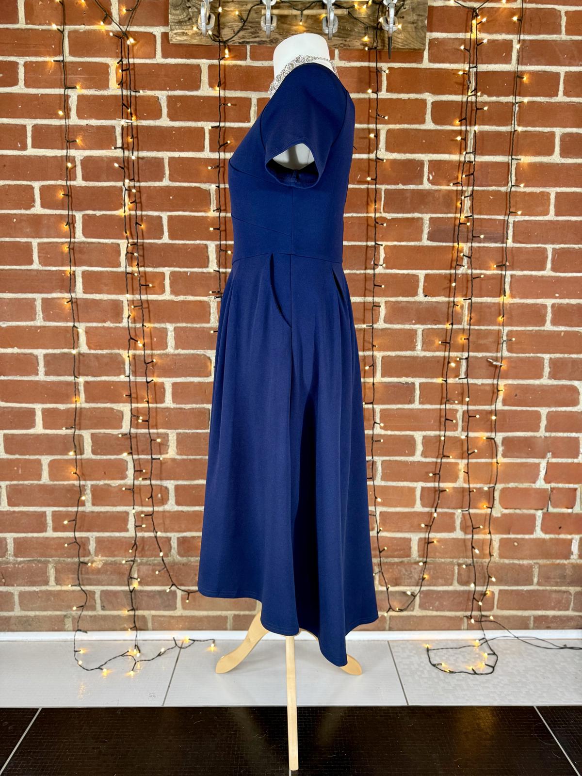 Jolie Moi Navy Fit & Flare Midi Dress with Pockets – UK 12/14 #115