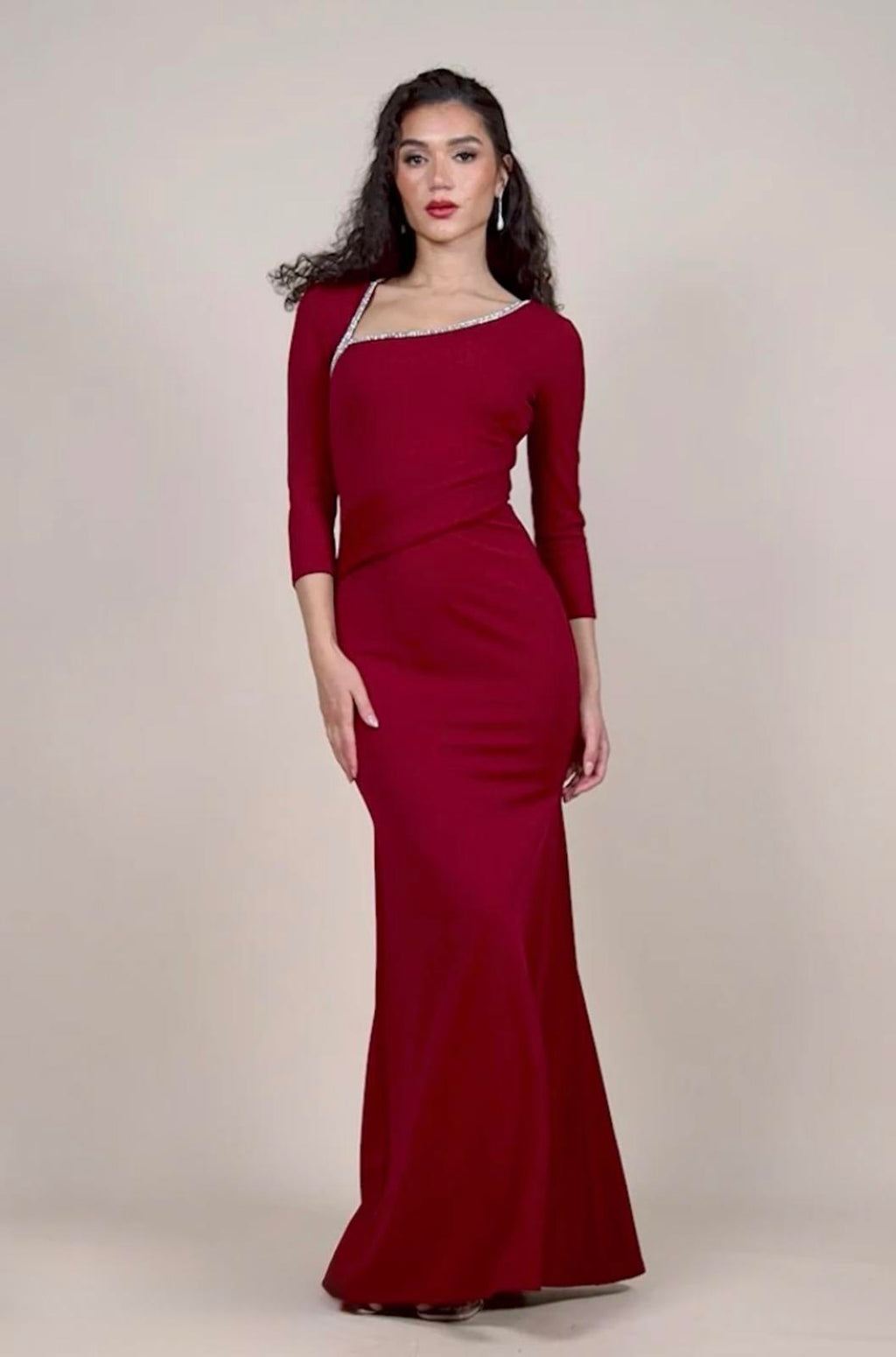 Goddiva London DR4421 Wine Red Embellished Midi Dress UK 8 – Ruched Wrap Style