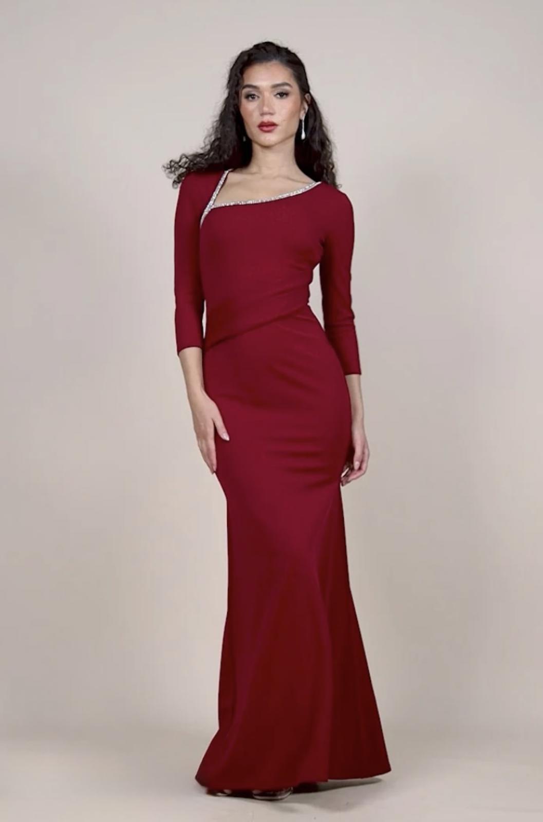 Goddiva London DR4421 Wine Red Embellished Midi Dress UK 8 – Ruched Wrap Style