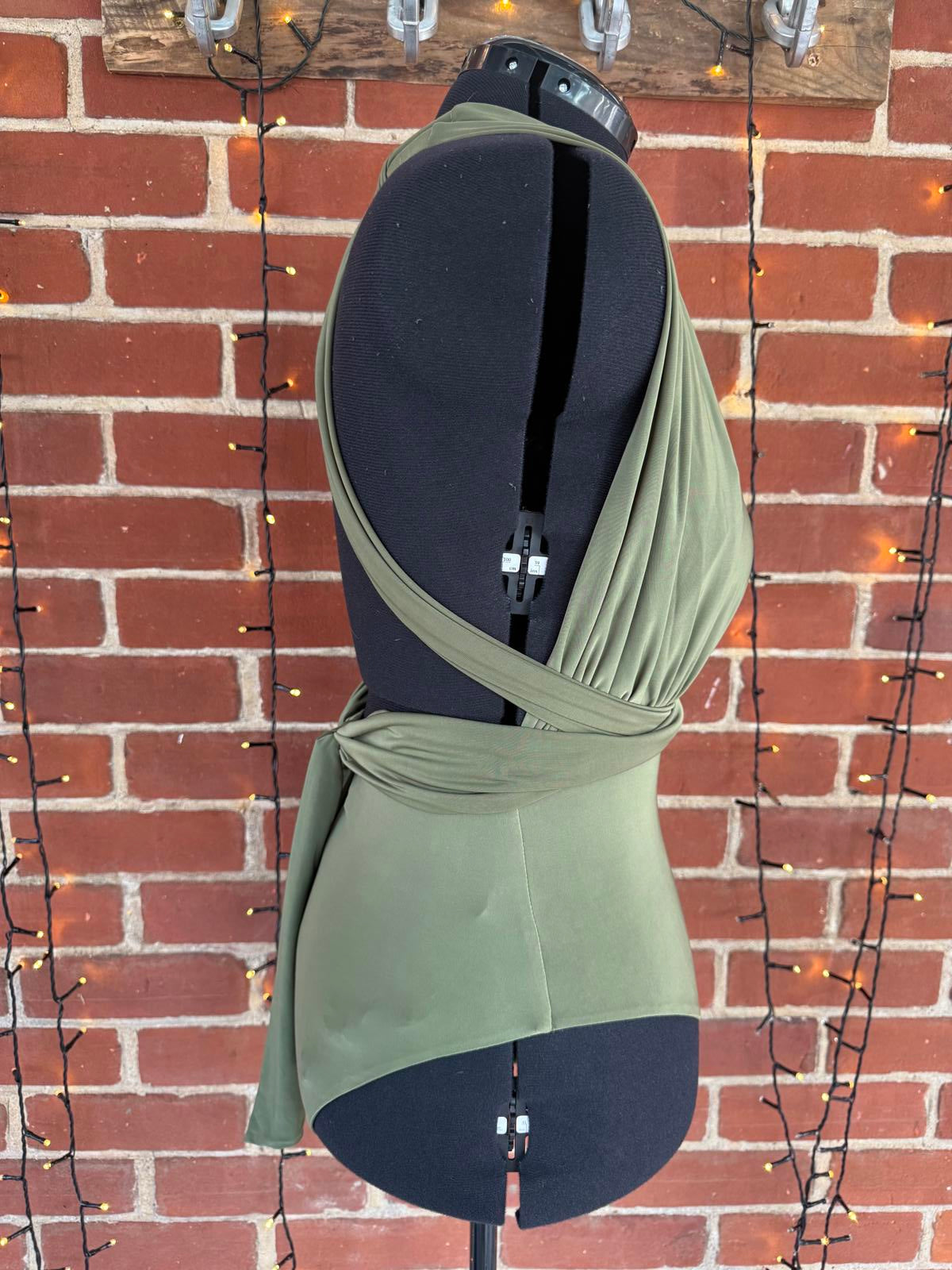 Olive Green Women's One-Piece Swimsuit with Wrap Detail - Size XL