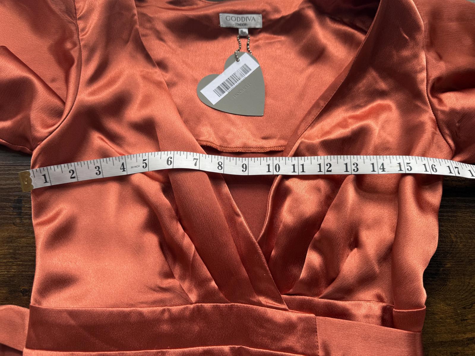 Goddiva DR3955 Burnt Orange Satin Wrap Maxi Dress UK 8 BNWT Occasion #134