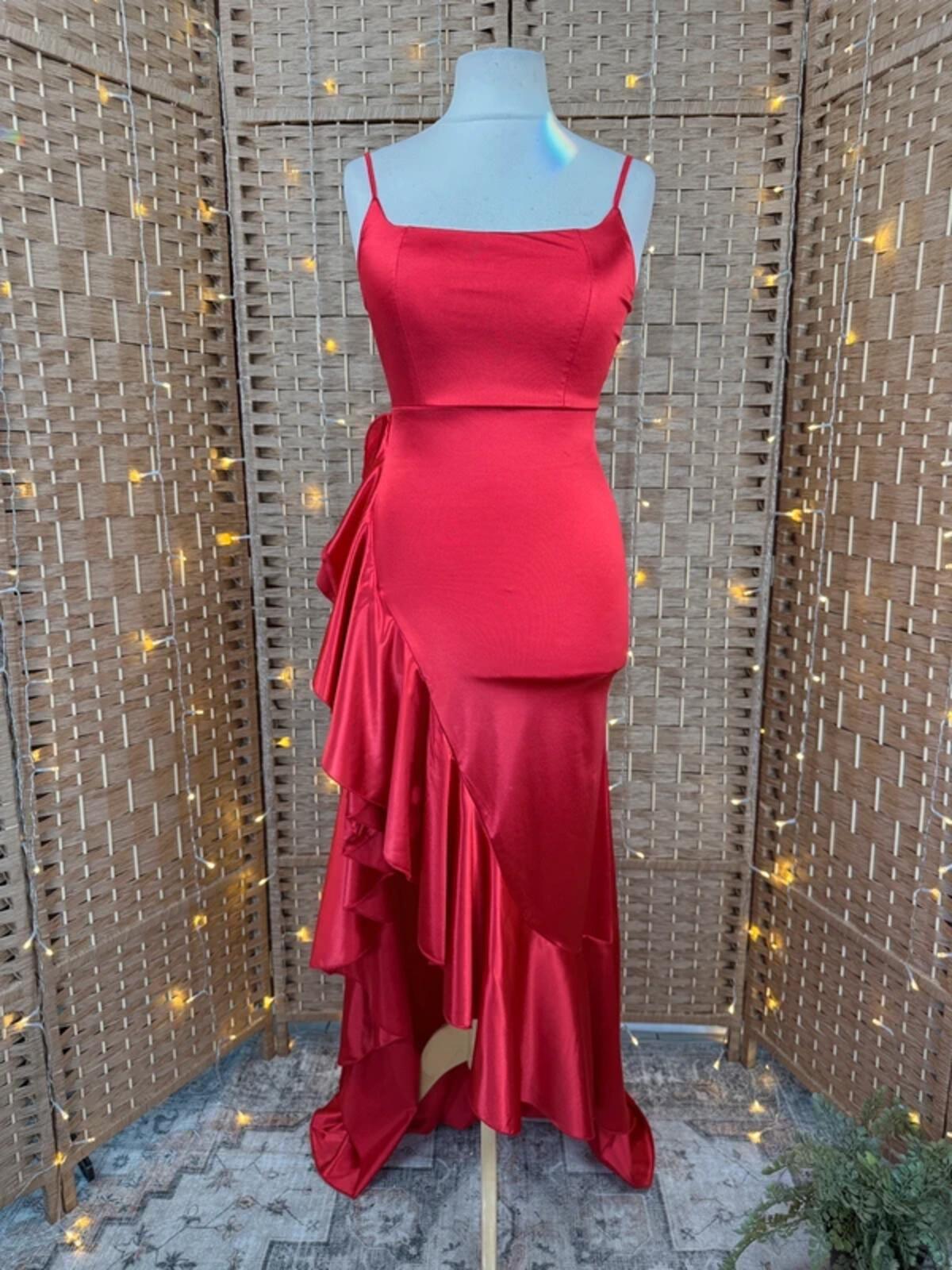 Elegant Red Satin Ruffle High-Low Evening Dress Size UK 8-10