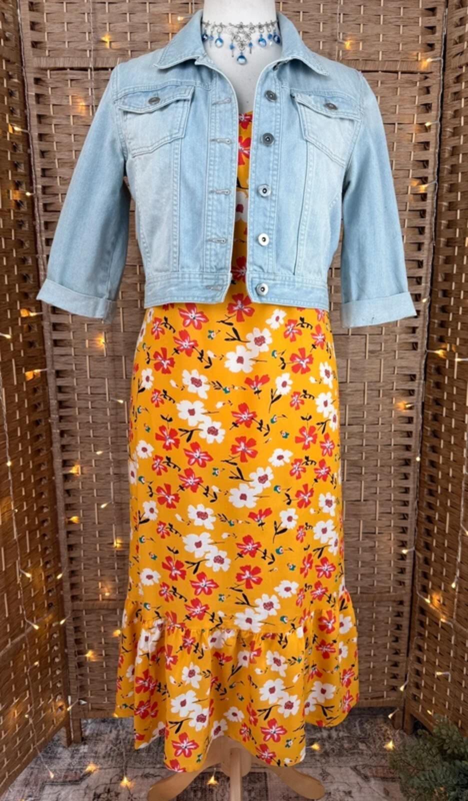 Yellow Floral Summer Midi Dress UK 14 Shirred Back Holiday Beach