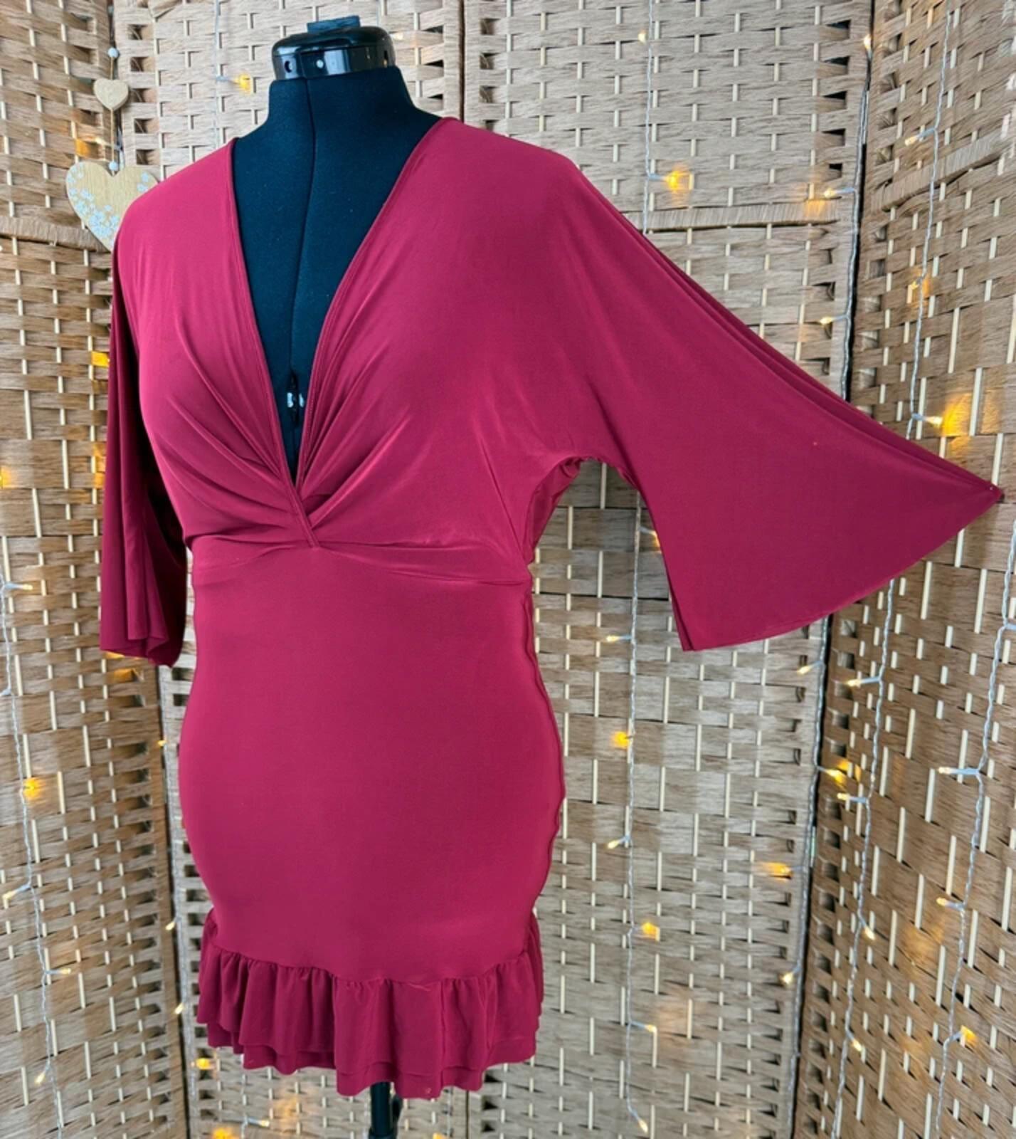 City Goddess Wine Bodycon Dress UK 16 V Neck Ruffle Party Mini