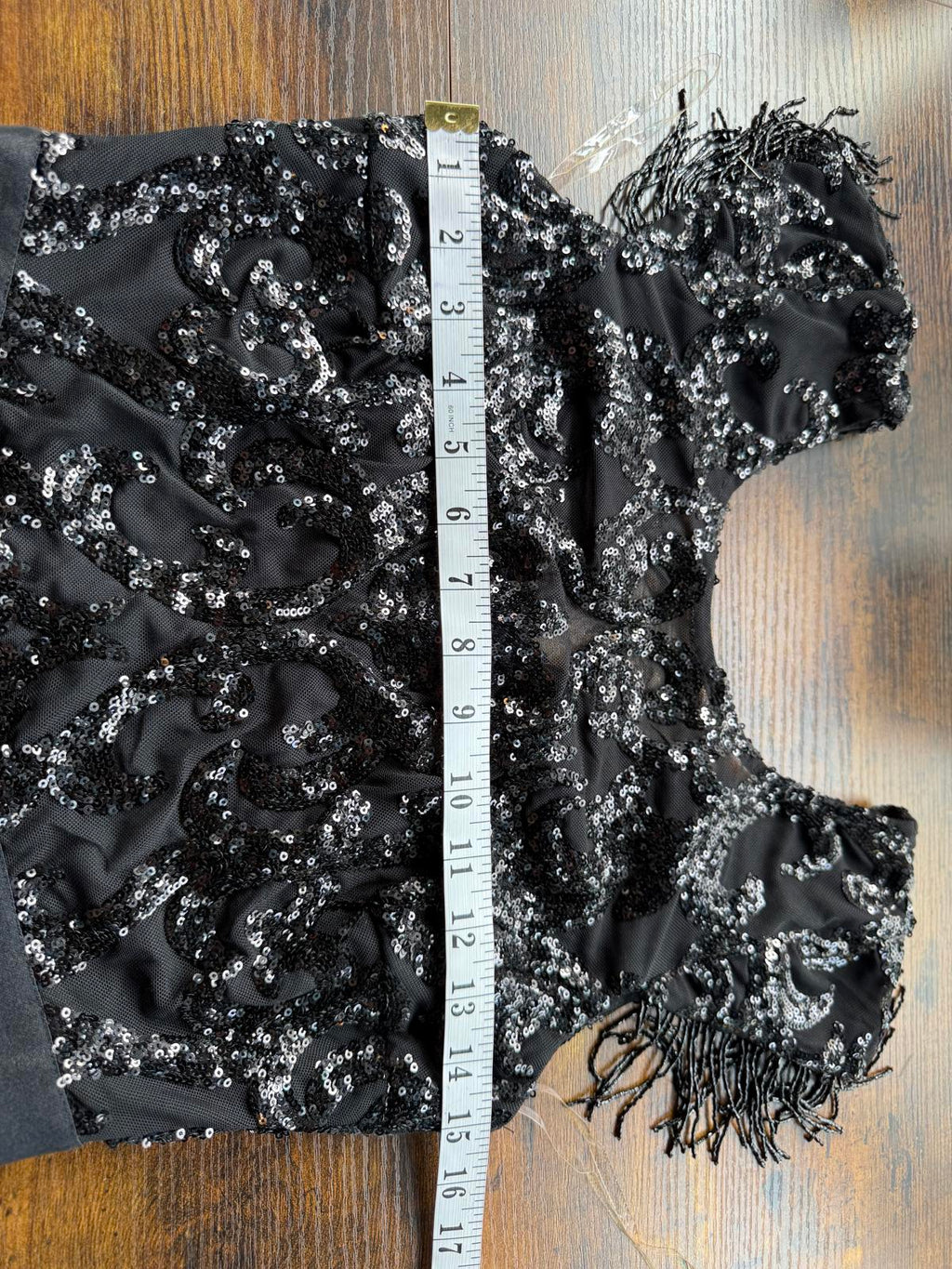 Black Sequin Embellished Fringe Sleeve Jumpsuit UK 10 Party Evening Outfit