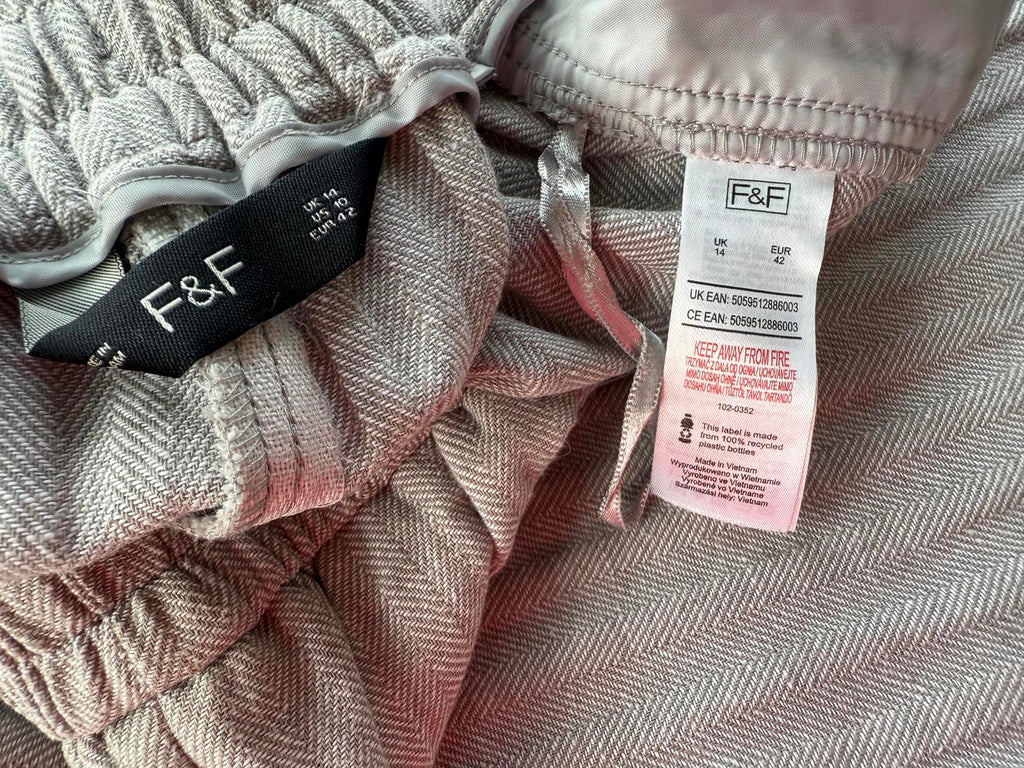 Light Gray Linen Mix Women's Casual Ribbed Pants with Drawstring Waist - Size 14