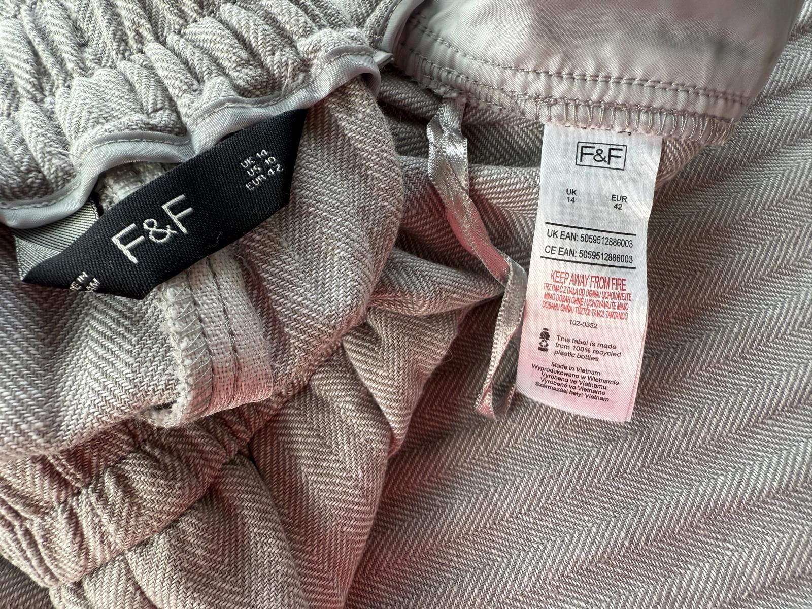 Light Gray Linen Mix Women's Casual Ribbed Pants with Drawstring Waist - Size 14