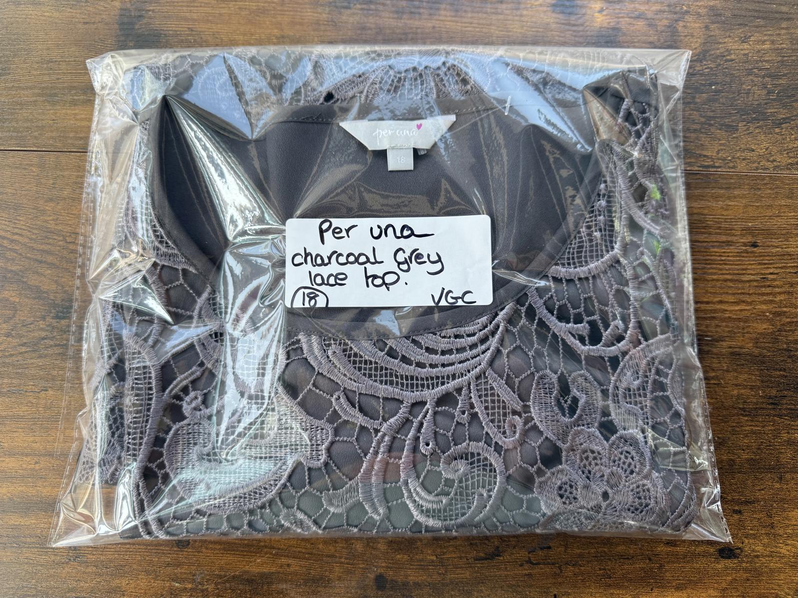 Gray Short Sleeve Women's Top with Floral Lace Front - Size 18