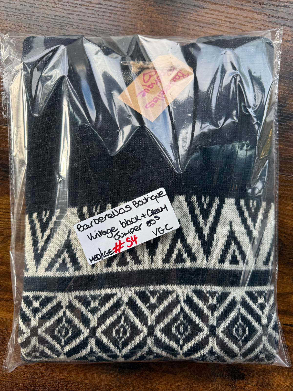 Vintage 1980s Black & Cream Fair Isle Geometric Knit Jumper – 10-12 (38–40”) #54