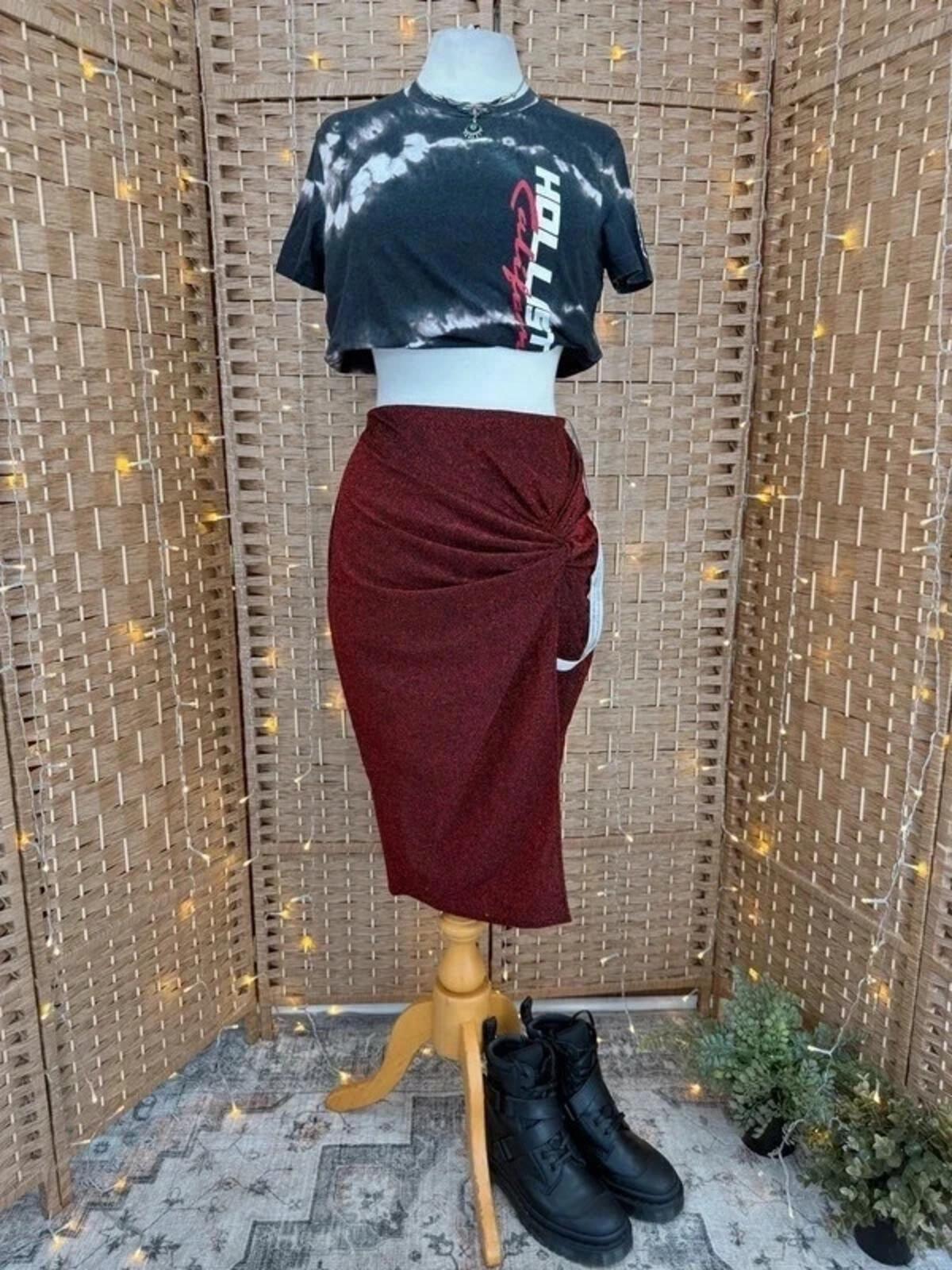 Goddiva Red Sparkle Midi Skirt UK 10 Ruched Bodycon Party Evening