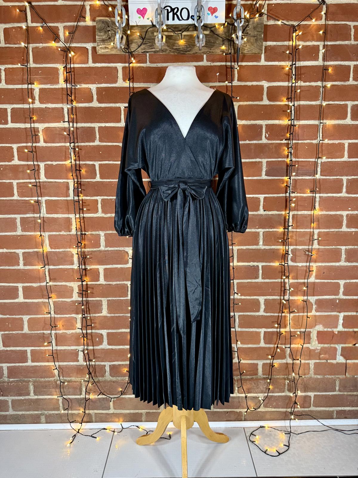 Shiny Black Pleated Midi Dress – Size S–8 (BNWT)