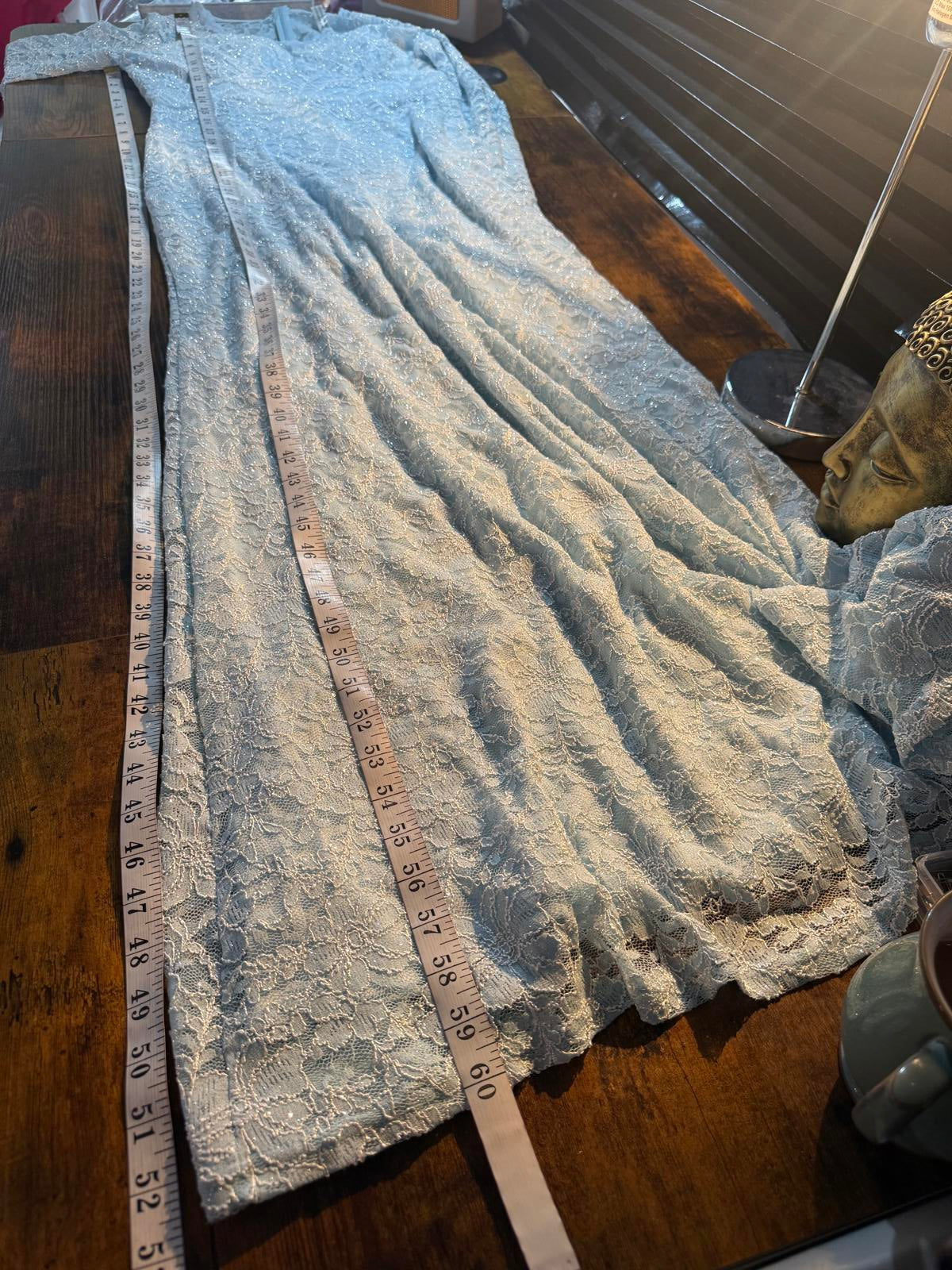 Goddiva Sky Blue Lace Maxi Dress UK 16 / US 12 – Flare Sleeves & V-Neck     .263