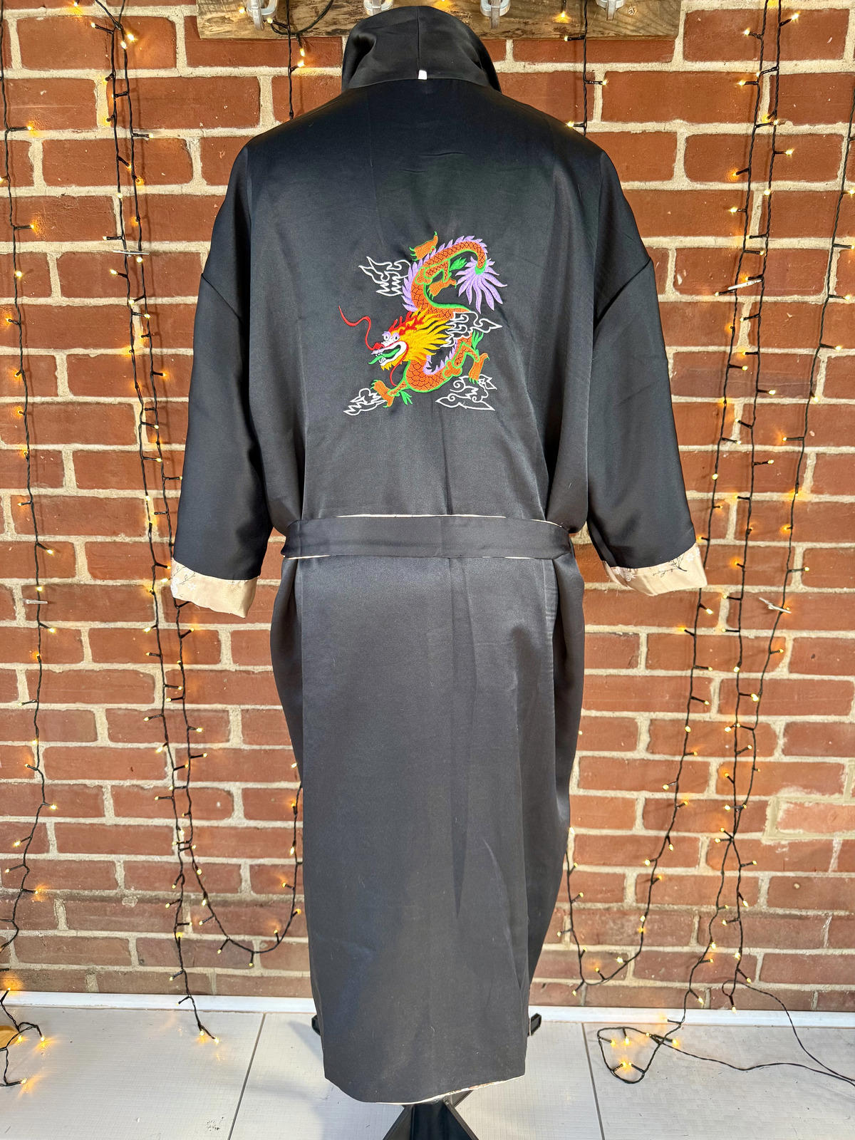 Reversible Satin Kimono Robe with Floral and Dragon Embroidery - Size XXL