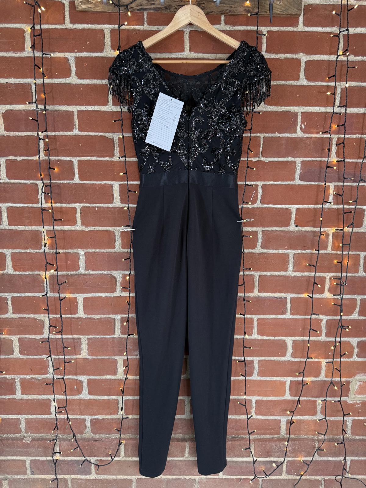 Black Sequin Embellished Fringe Sleeve Jumpsuit UK 10 Party Evening Outfit