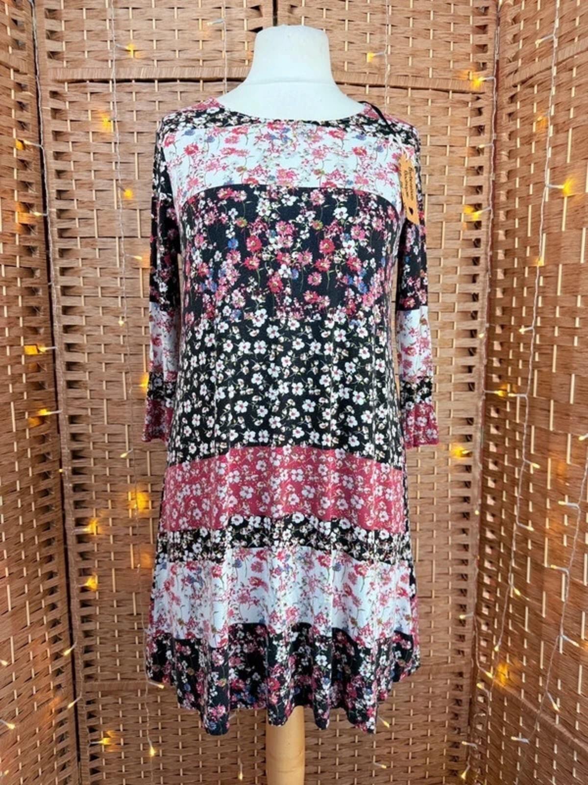 Boho Floral Patchwork Mini Dress UK 14 Cottagecore Belted