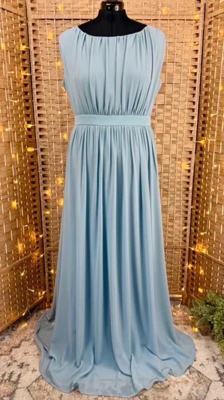Goddiva Dusky Blue Chiffon Maxi Dress UK 16 Evening Gown
