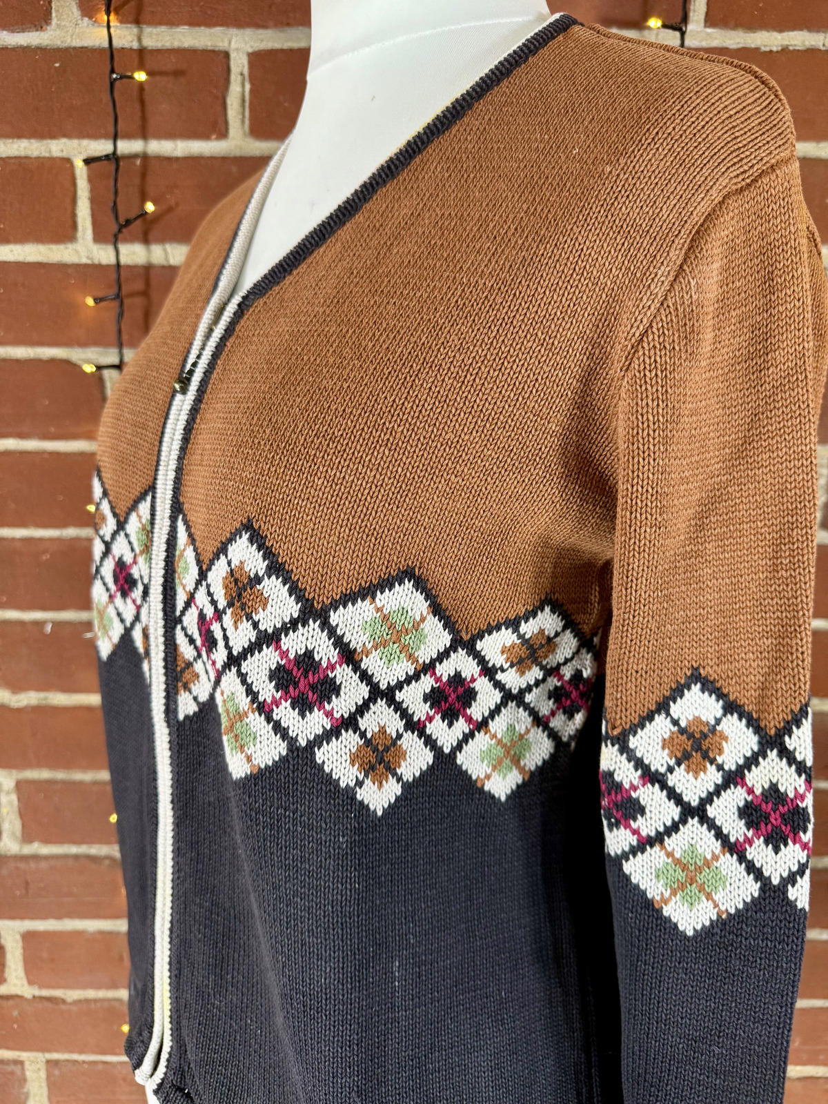 Vintage Hasting and Smith Fair Isle Zip Cardigan Brown & Charcoal M CIRCA 80s/90s