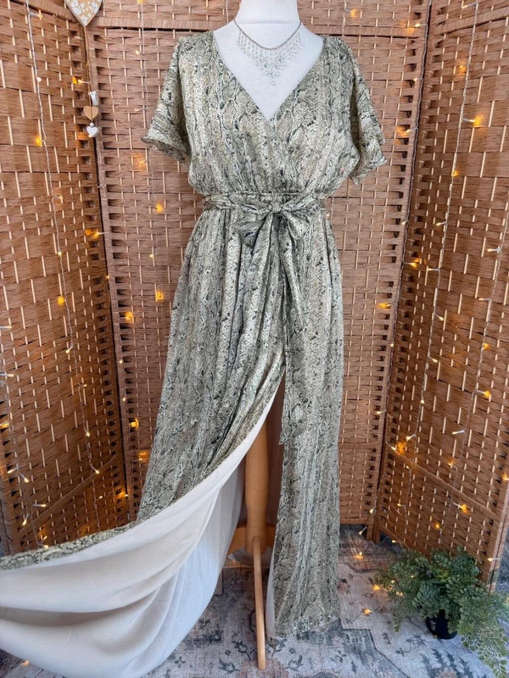 BNWT Goddiva Metallic Snake Print Maxi Dress UK10-12 Gold