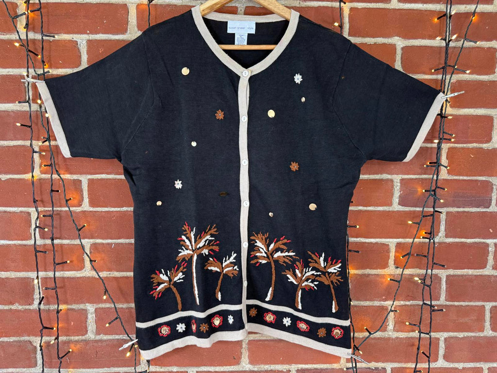 Vintage Y2K Susan Graver XL Cardigan Top Black Palm Tree UK16-18              NUM43