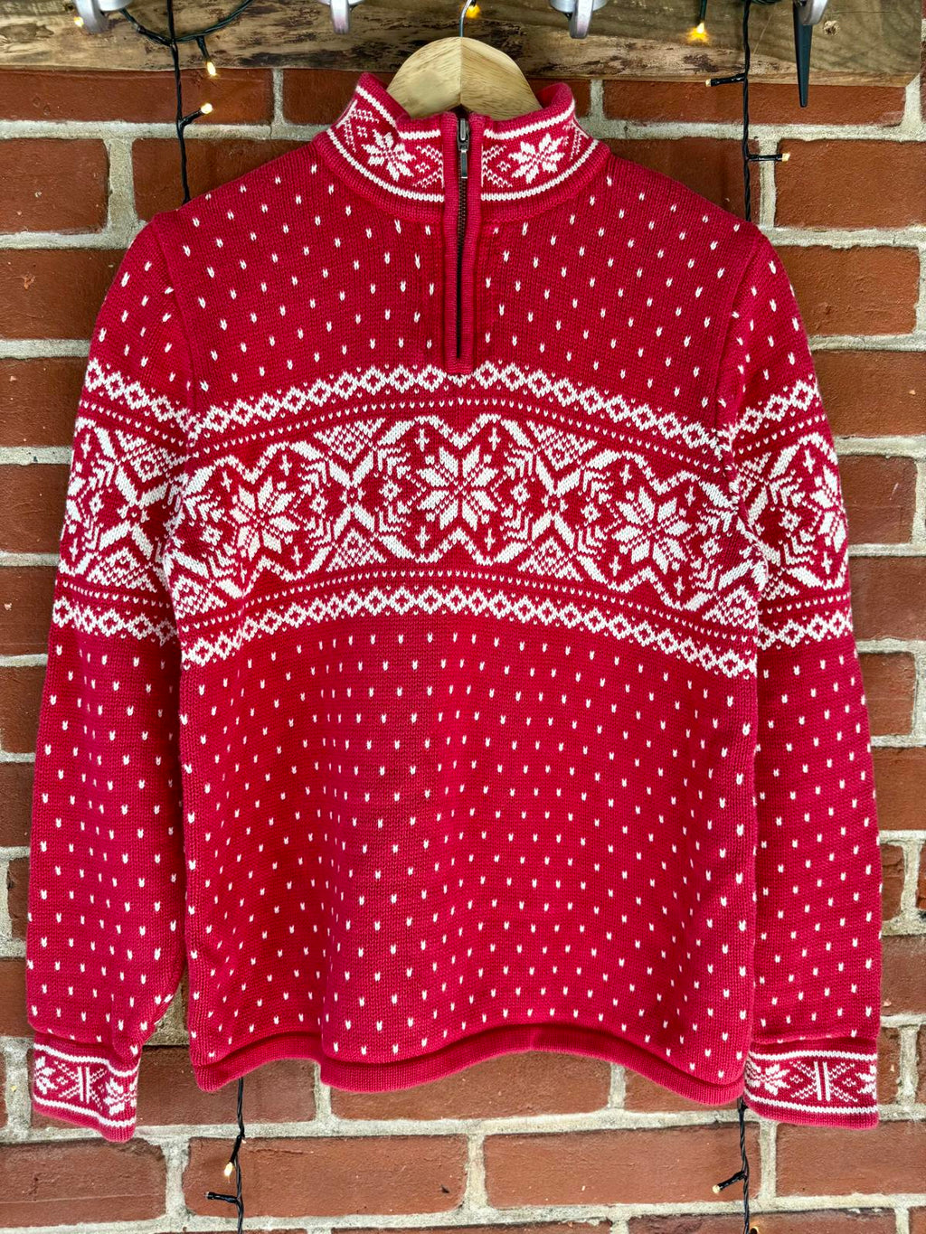 90s Vintage Lands’ End Fair Isle Red Half-Zip Sweater Made in Japan (M / 10–12)