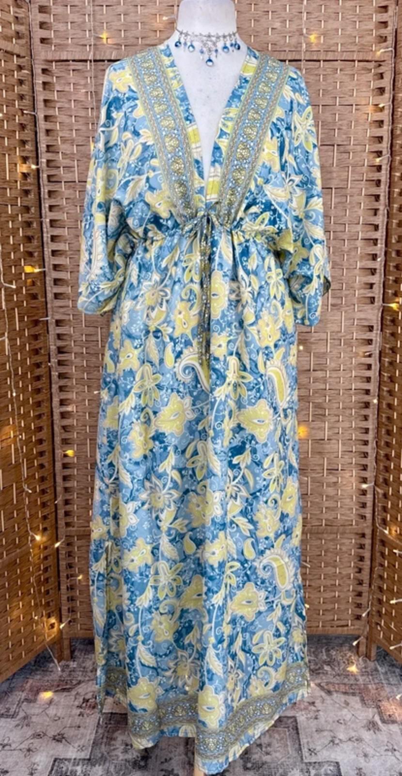 100% Silk Kaftan Maxi Dress Boho Paisley Festival Beach Cover Up