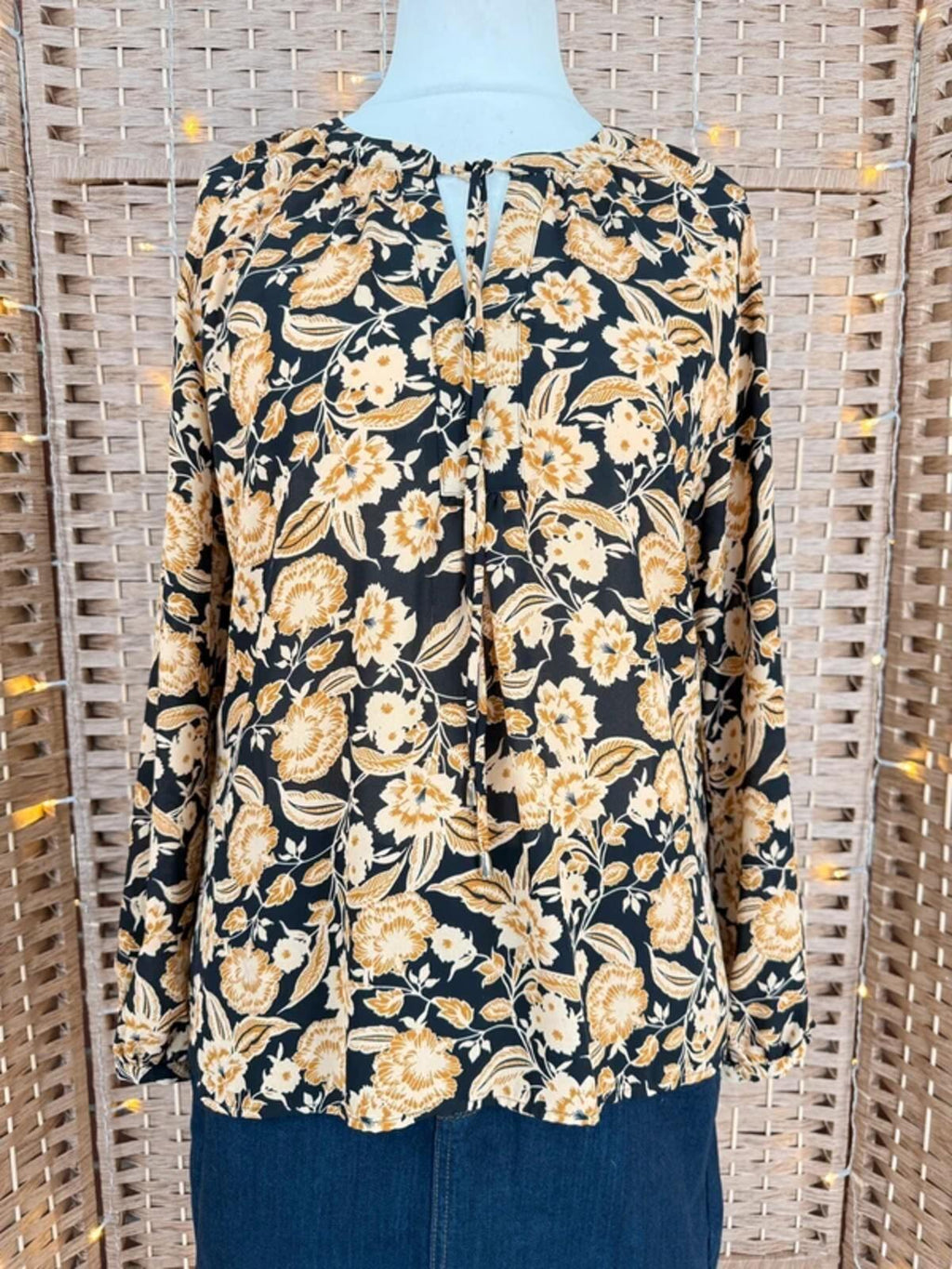Peacocks Boho Floral Blouse UK 14 Black Tan Tie Neck Top