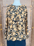 Peacocks Boho Floral Blouse UK 14 Black Tan Tie Neck Top