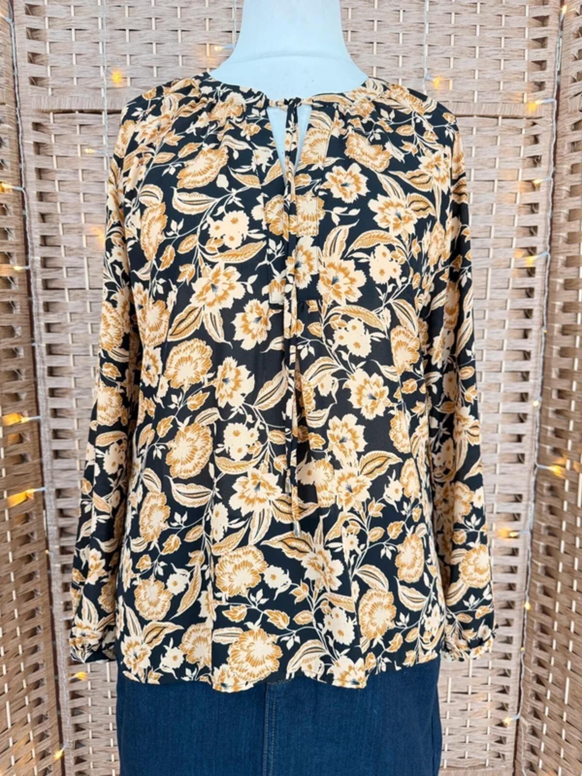 Peacocks Boho Floral Blouse UK 14 Black Tan Tie Neck Top