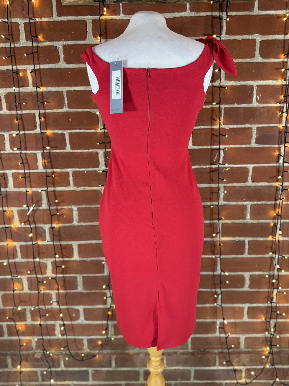 City Goddess London Red One-Shoulder Ruched Midi Dress UK 8 – Evening Wear 224