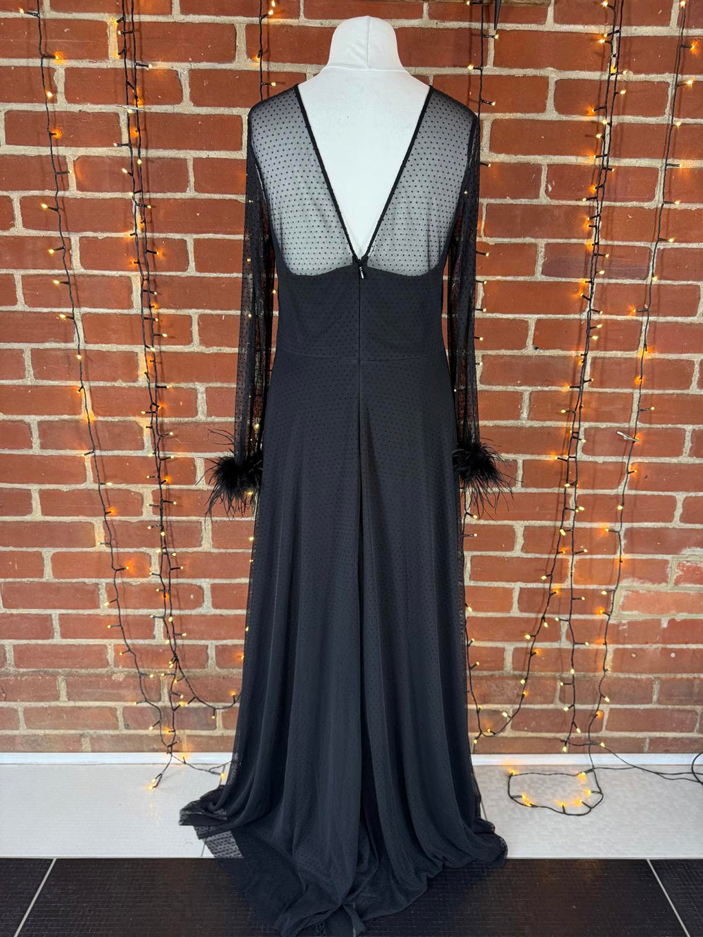 Goddiva Black Mesh Feather Sleeve Gown UK 16 Elegant Evening Dress #179