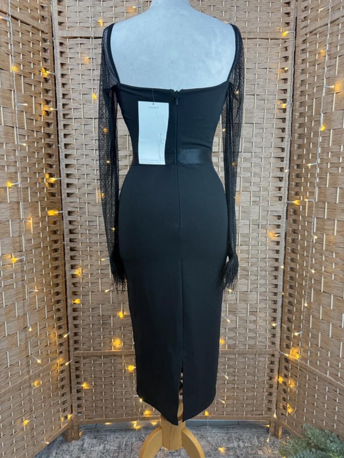 Goddiva Black Feather Cuff Midi Dress UK 8 BNWT Sample Occasion